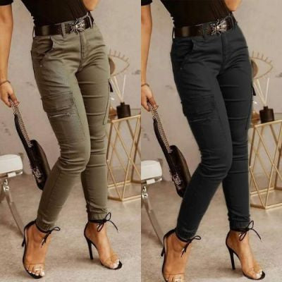 Sarah Express Women's Low Waist Cotton Blend Cargo Overalls Loose Fit Button Detail Trousers