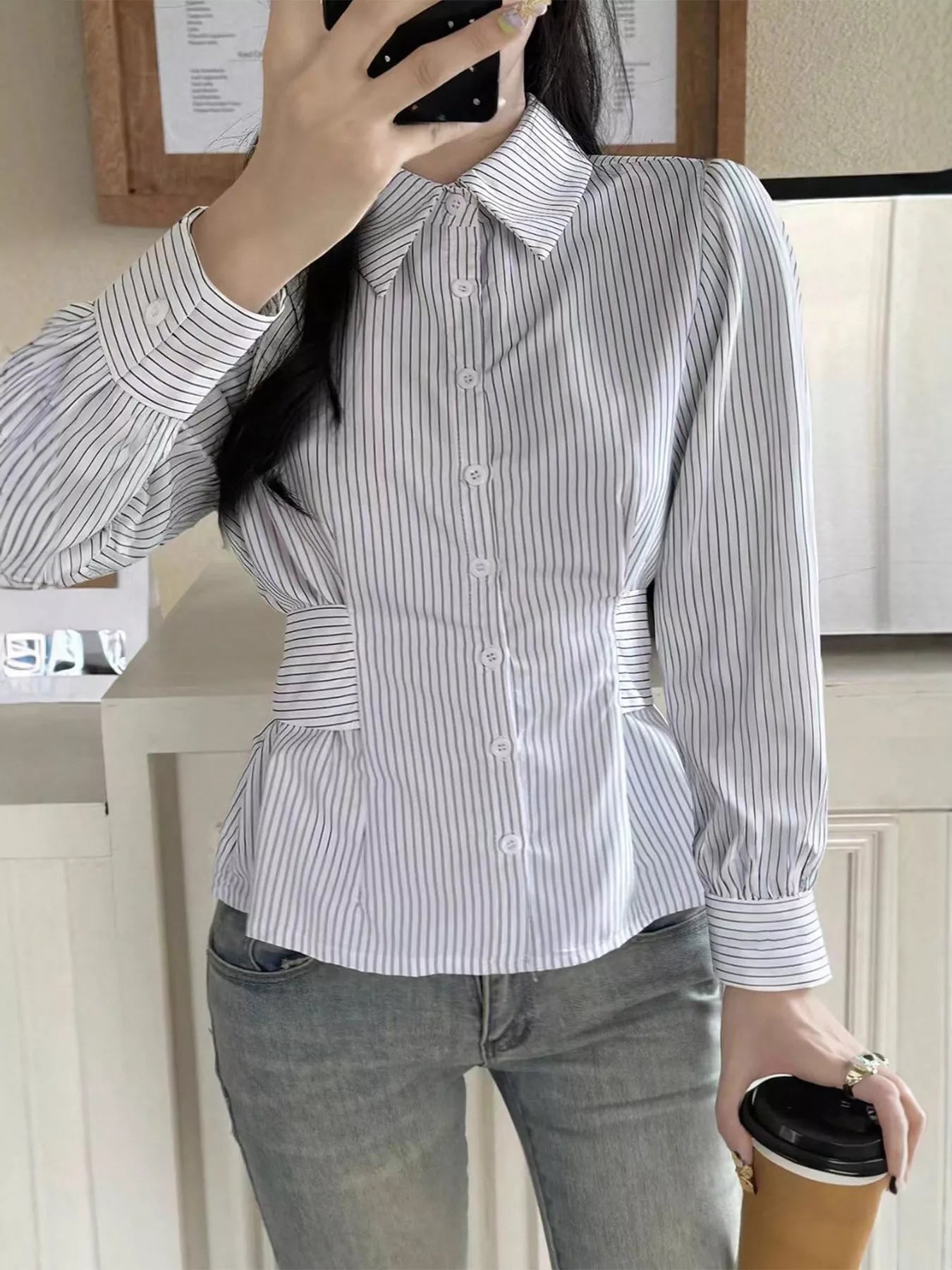 Sarah Express Women's Striped Peplum Button Up Shirt - Long Sleeve Blouse