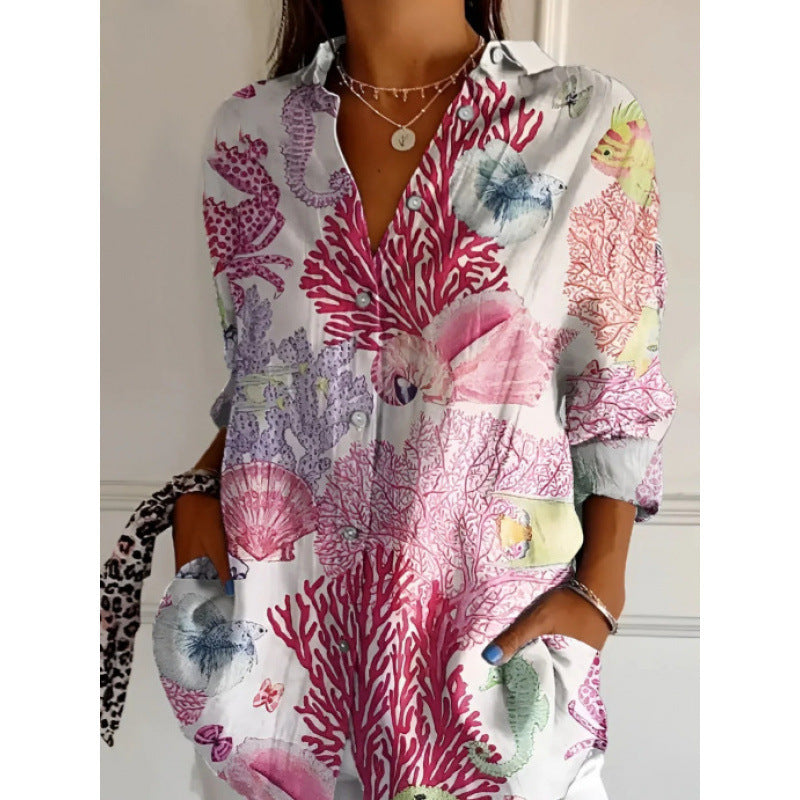 Sarah Express Women's Floral Print Long Sleeve Button-Up Shirt Casual Spring Summer Fall Top