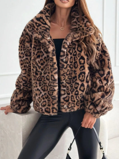 Sarah Express Women's Leopard Faux Fur Cropped Jacket