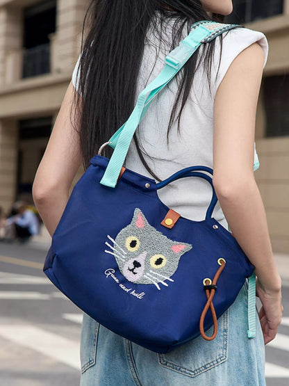 Sarah Express Women's Embroidered Cat Tote Bag with Adjustable Shoulder Strap Dark Blue One Size