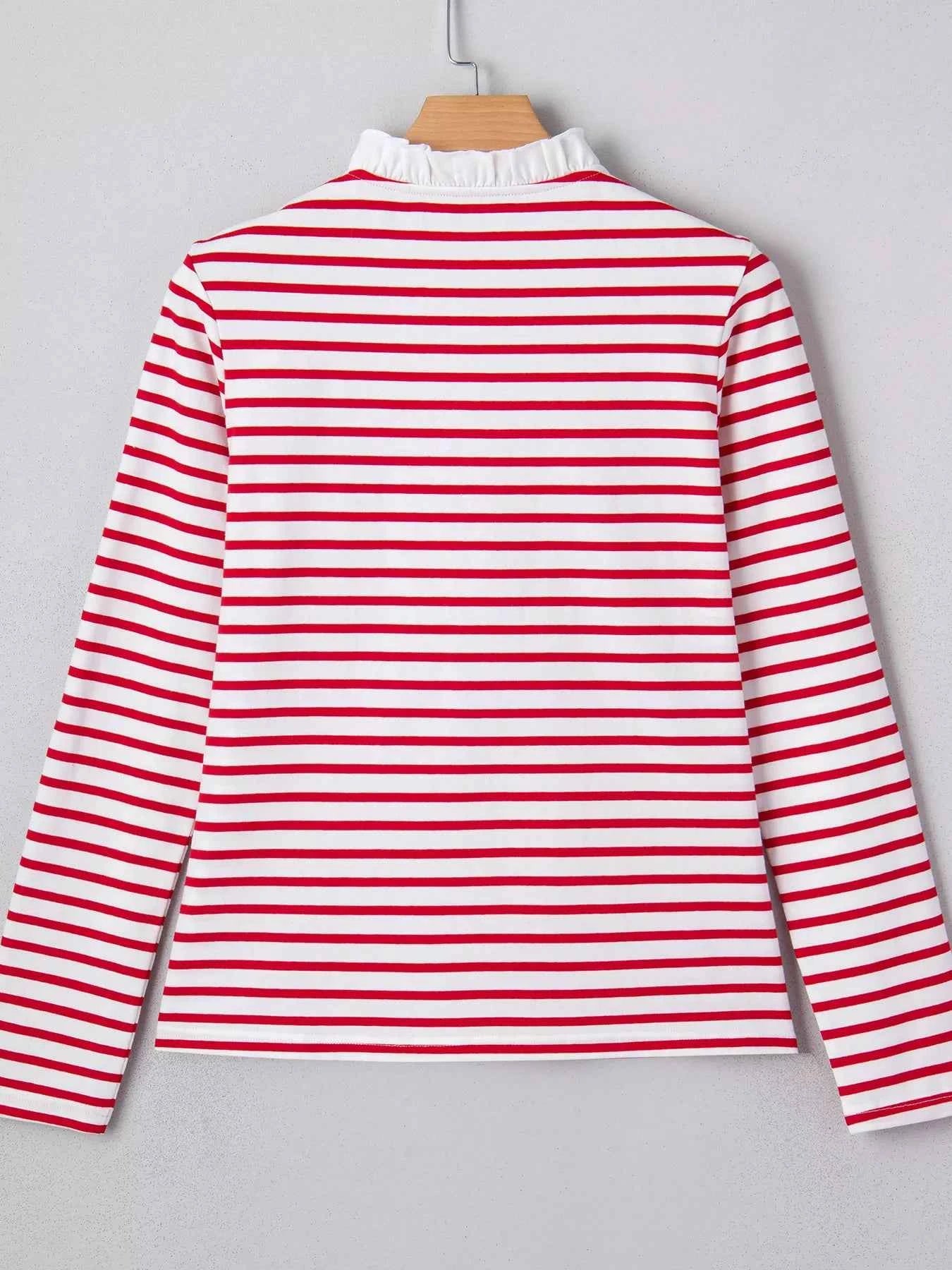 Sarah Express Women's Stripe Contrast Frilled Trim Half Button Long Sleeve Top