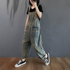Sarah Express Ripped Denim Overalls Women Retro Light Wash Cotton Summer