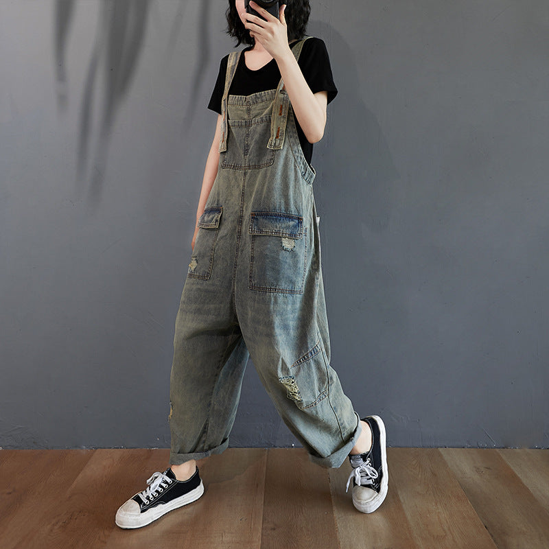 Sarah Express Ripped Denim Overalls Women Retro Light Wash Cotton Summer