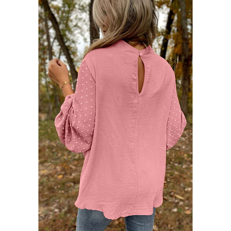 Sarah Express Round Neck Chiffon Blouse Long Sleeve Solid Color Casual Top