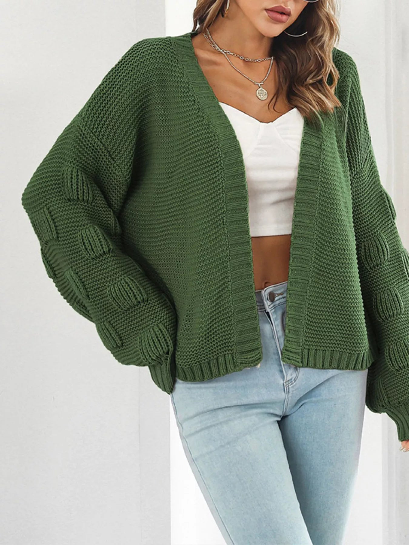 Sarah Express Women's Chunky Knit Open Front Cardigan Green