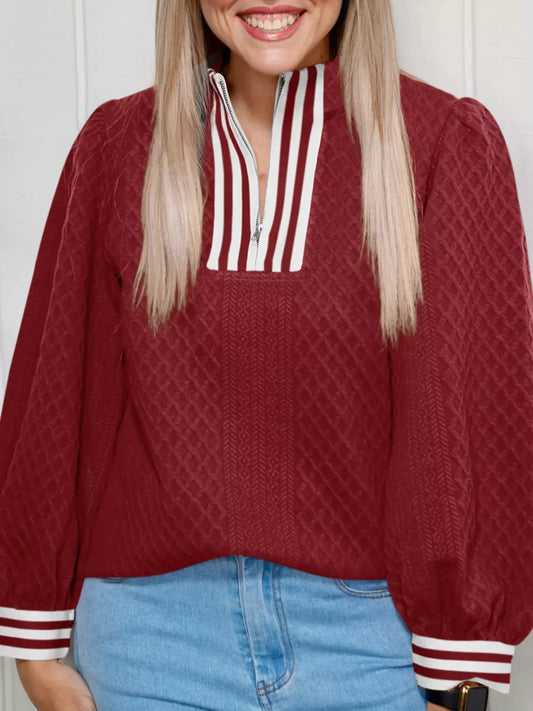 Sarah Express Women's Striped Trim Zipper Blouse Burgundy
