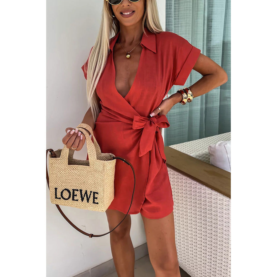 Sarah Express Lace-Up Collar Jumpsuit Romper Shorts Casual Vacation One Piece