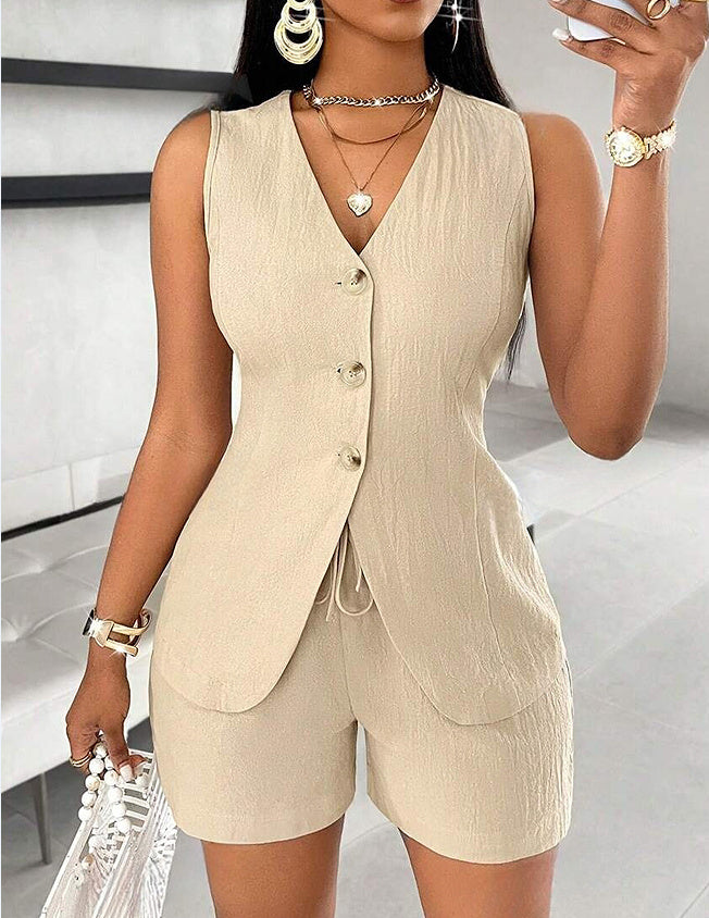 Sarah Express Cotton Linen Two-Piece Set Lace-Up Short Sleeve Top Shorts