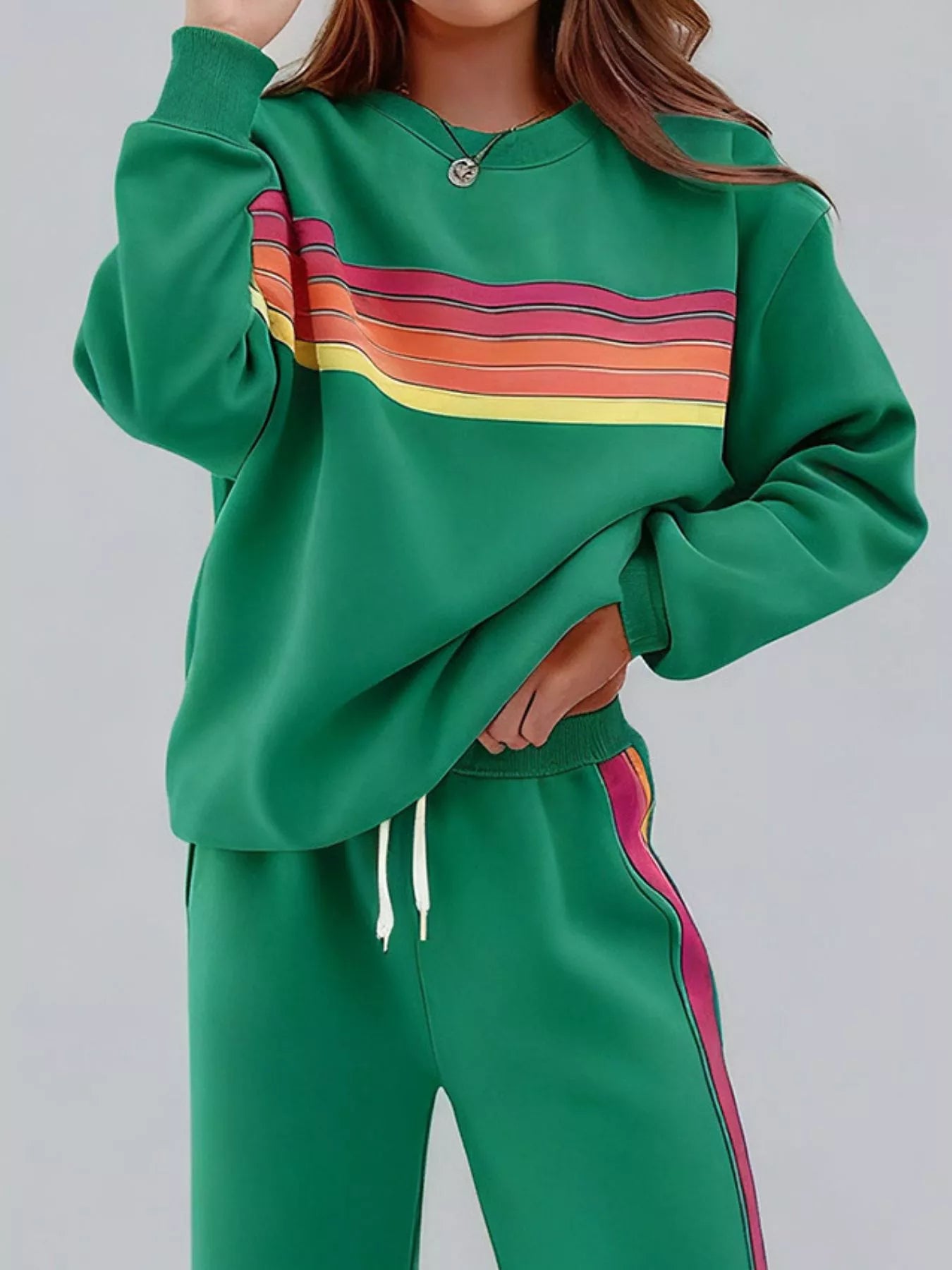 Sarah Express Women's Striped Round Neck Sweatshirt and Pants Lounge Set