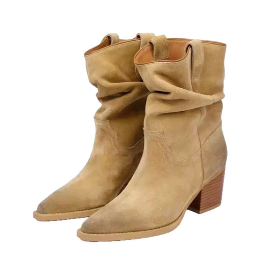 Sarah Express Women's Suede Pointed-Toe Chunky Heel Ankle Boots | Slip-On Mid-Calf Boots