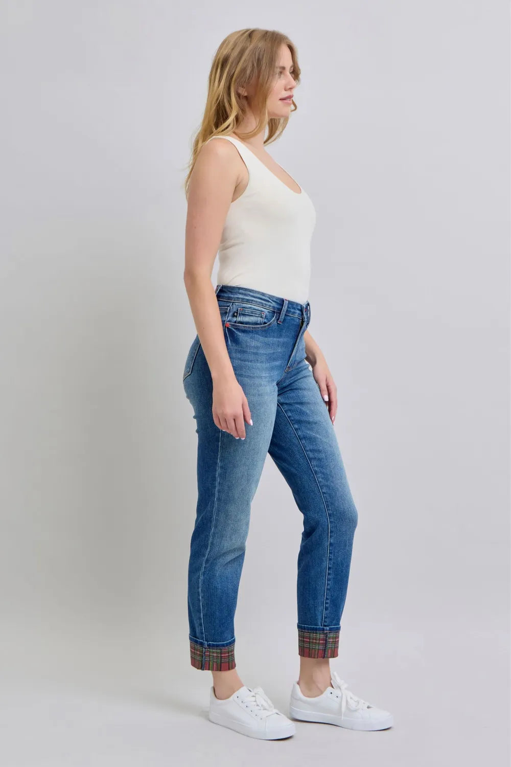 Sarah Express Women’s Plus Size Straight Leg Jeans with Plaid Cuff

