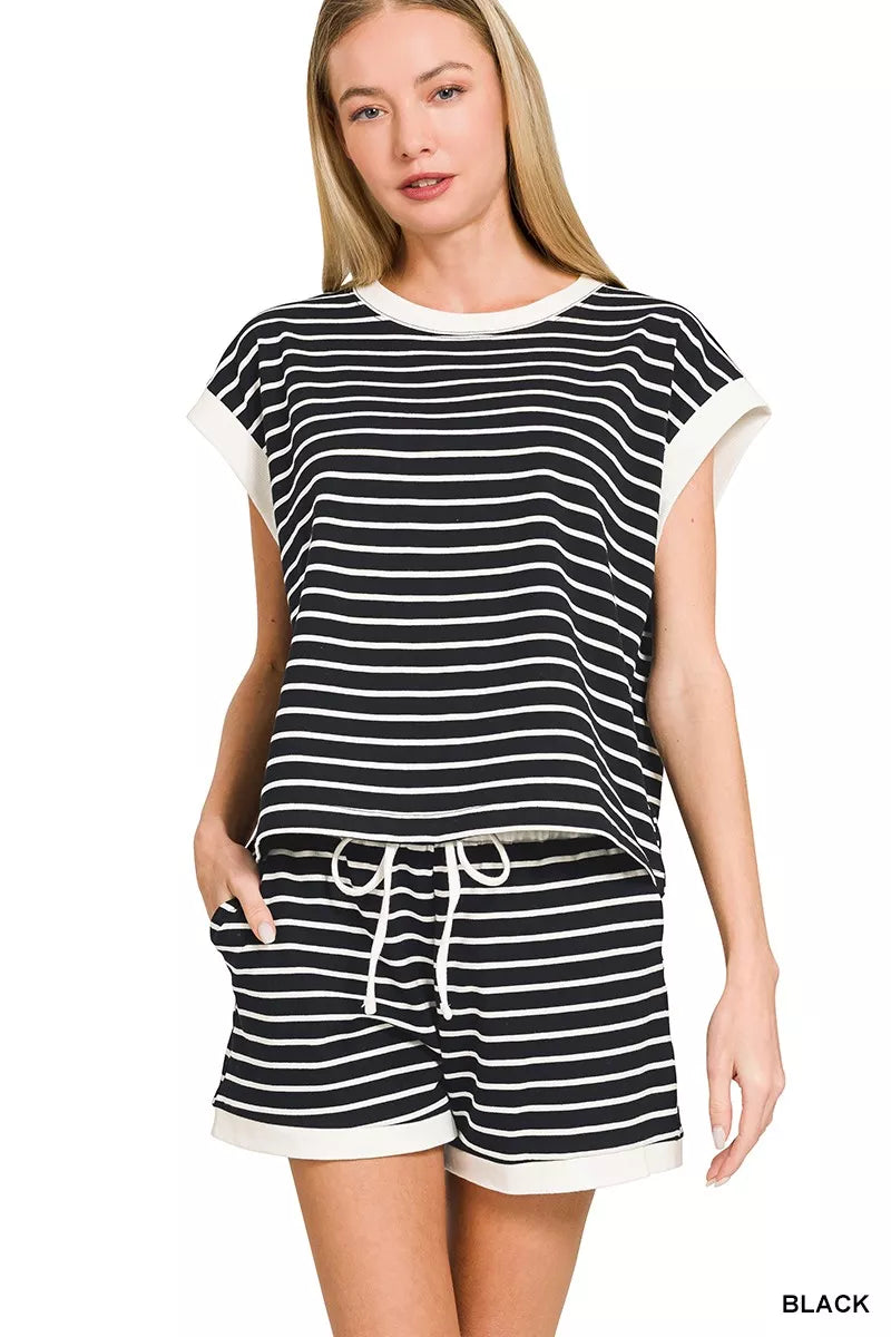 Sarah Express Women's Stripe Contrast Trim Top & Shorts Set BLACK