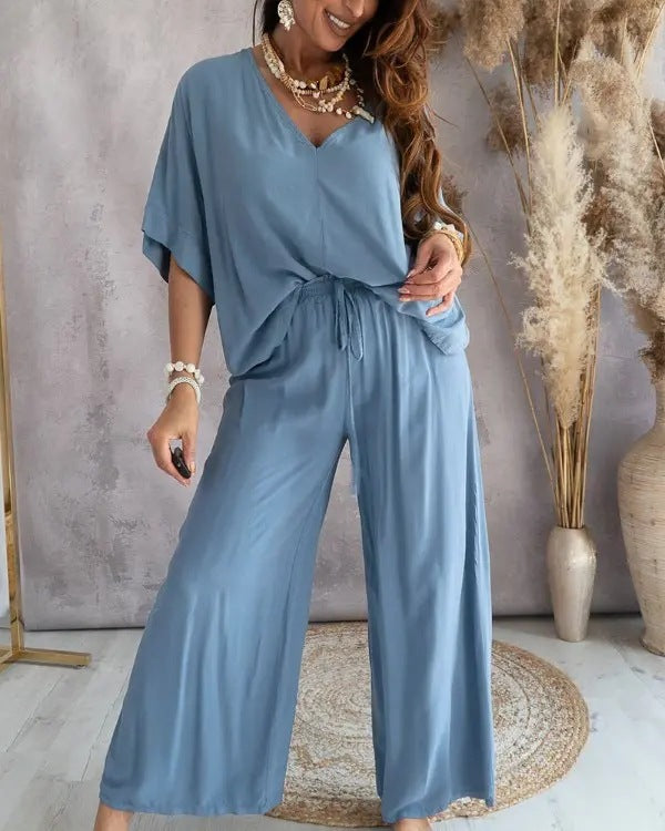 Sarah Express Women's Bat Sleeve Top and Pants Two Piece Casual Lounge Set Matching Coordinates