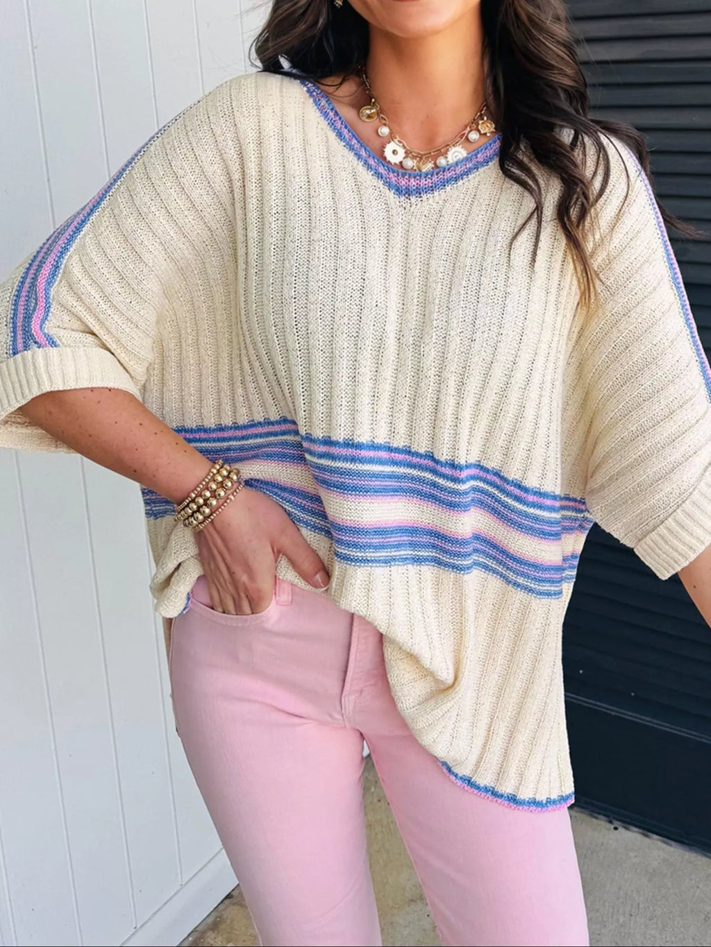Sarah Express Women's Striped V Neck Dolman Sleeve Rib Knit Oversized Sweater Cream