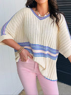 Sarah Express Women's Striped V Neck Dolman Sleeve Rib Knit Oversized Sweater Cream