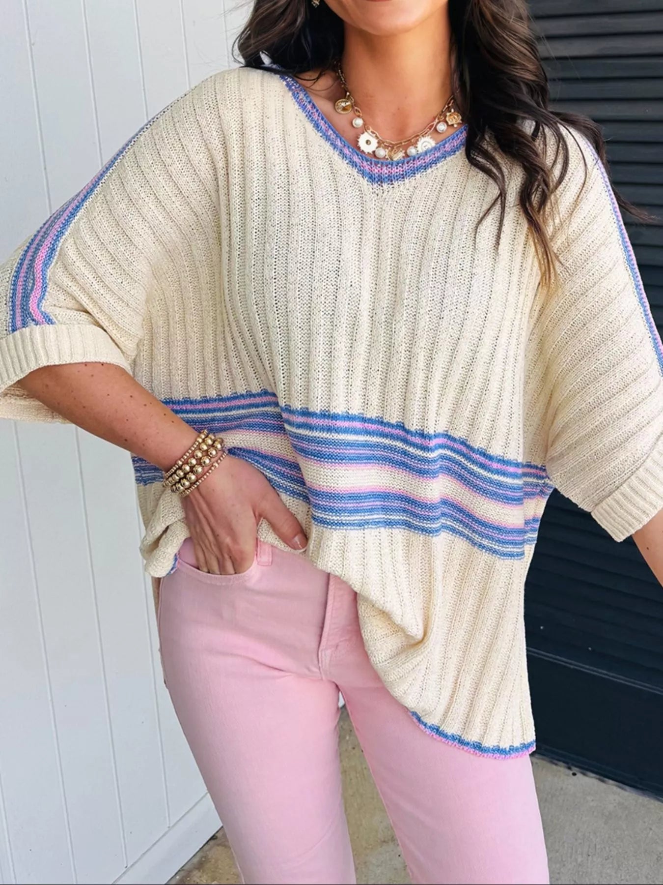 Sarah Express Women's Striped V Neck Dolman Sleeve Rib Knit Oversized Sweater Cream