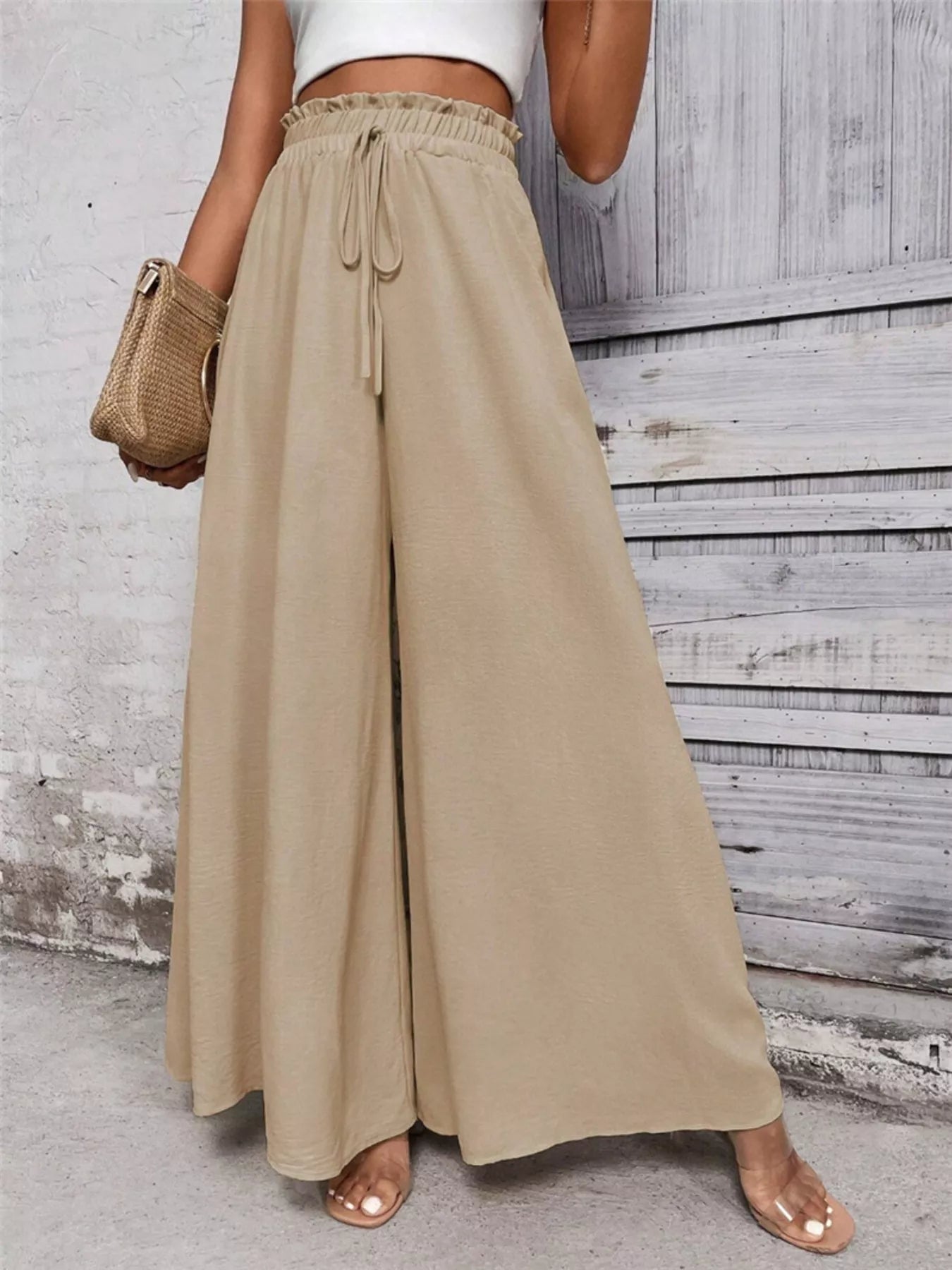 Sarah Express Women's Frill Wide Leg Pants Khaki