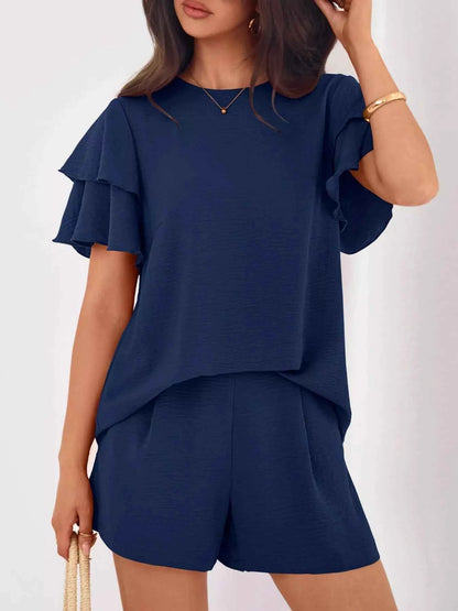 Sarah Express Women's Ruffle Sleeve Top and Shorts Two-Piece Set - Casual Summer Outfit