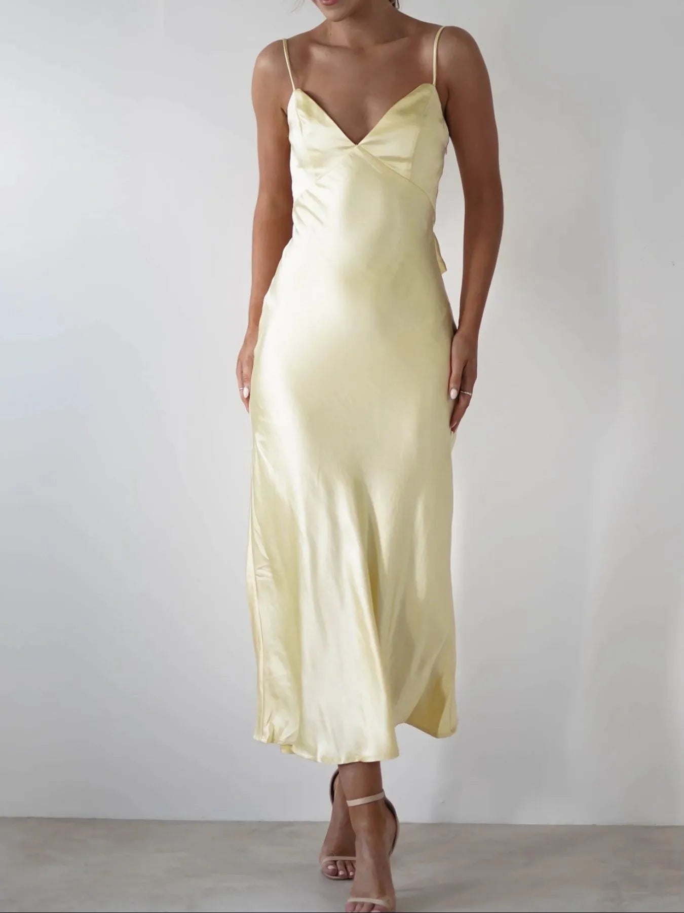 Sarah Express Women's Satin Backless Cami Dress Light Yellow