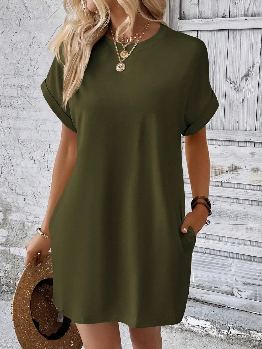 Sarah Express Women's Round Neck Short Sleeve Mini Dress Army Green