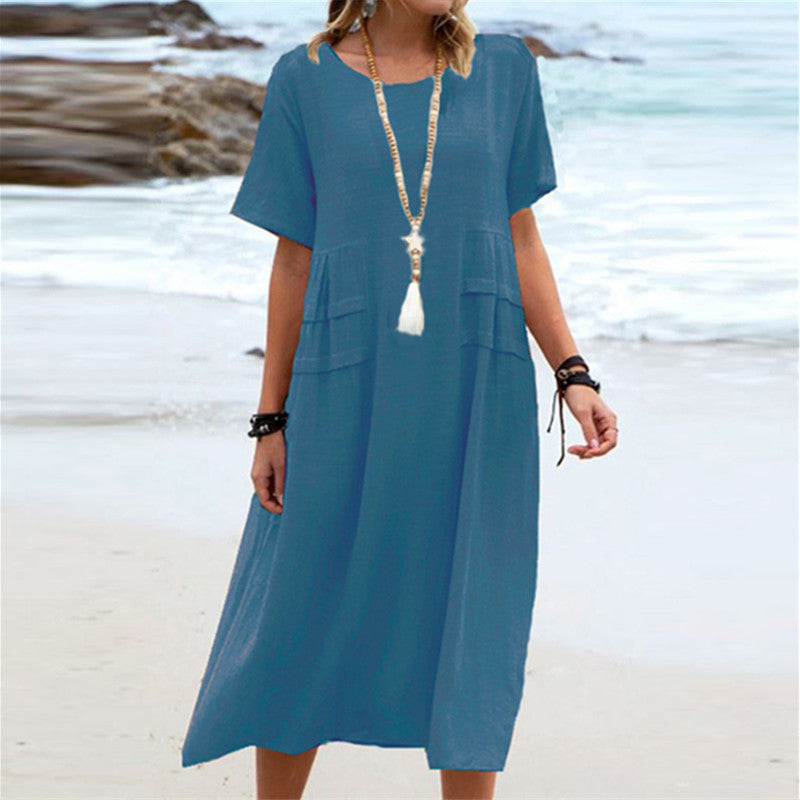 Sarah Express Women's Loose Casual Midi Dress Short Sleeve Summer Beach Cotton Linen Style