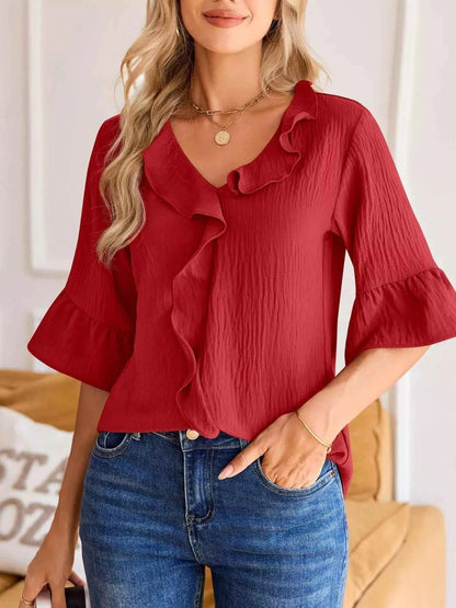 Sarah Express Women's Ruffled Flounce Sleeve Blouse - Elegant Polyester Top
