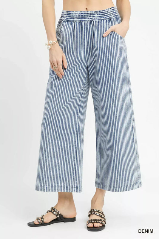 Sarah Express Women's Stone Wash Stripe Wide Leg Pants DENIM