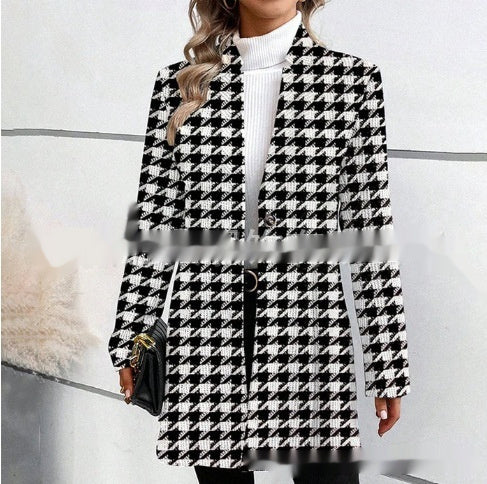 Sarah Express Women's Printed Stand Collar Trench Coat Long Sleeve Mid Length Korean Style Outerwear