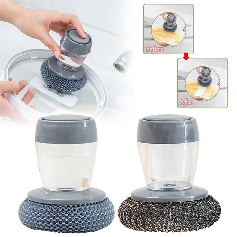 Sarah Express Kitchen Soap Dispensing Palm Brush Cleaner - Multifunctional Push-Type Dish Scrubber with Detergent Dispenser