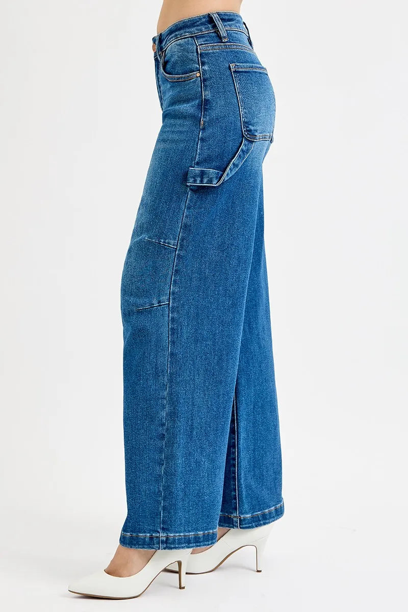 Sarah Express Women’s Plus Size High Rise Wide Leg Jeans with Patch Detail