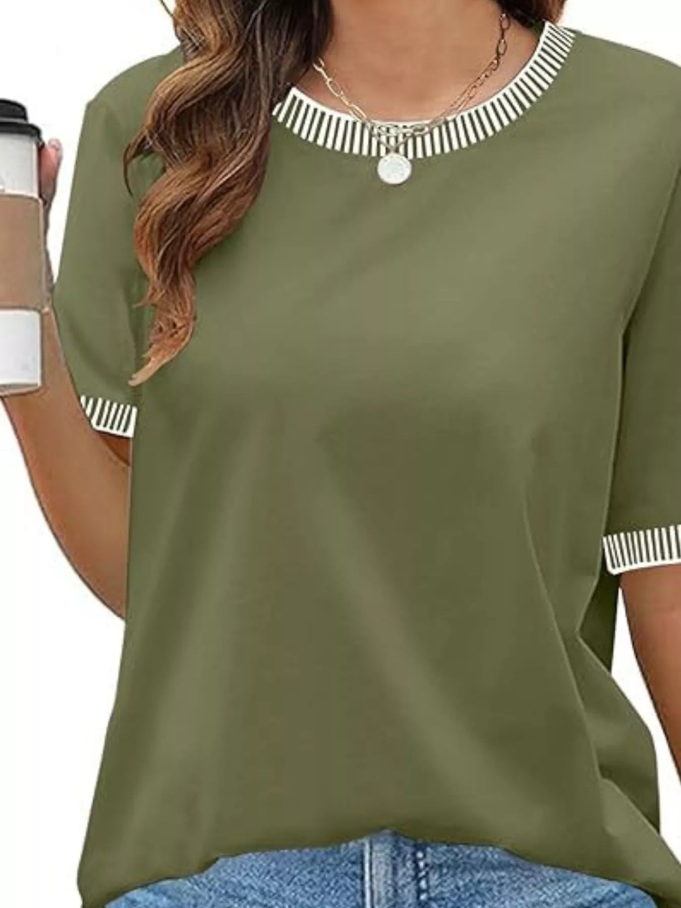 Sarah Express Women's Striped Trim Casual T-Shirt - Relaxed Fit Short Sleeve Top