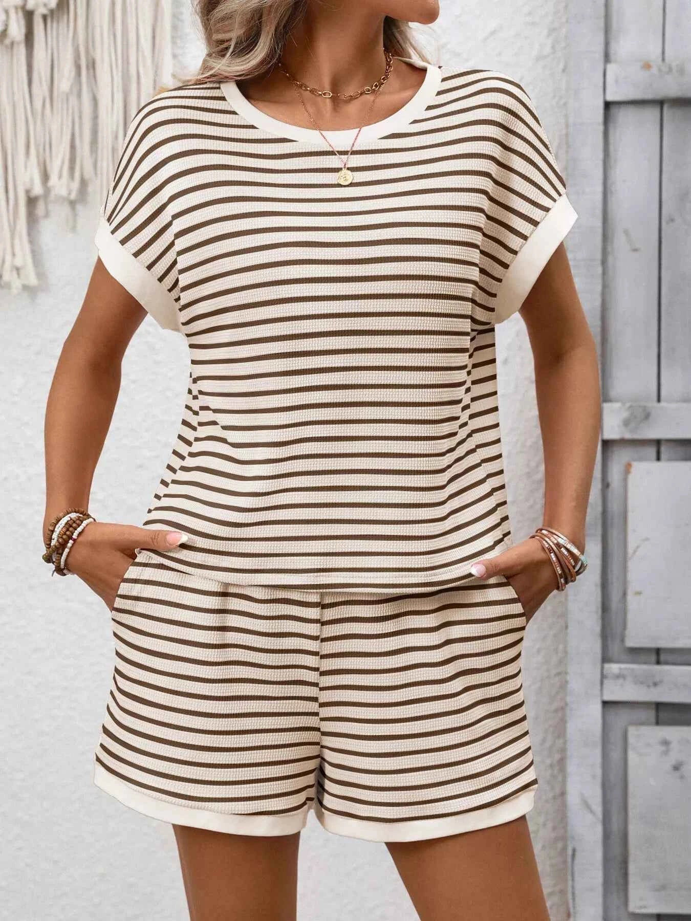 Sarah Express Women's Striped Round Neck Top and Shorts Set - Casual Two Piece Outfit