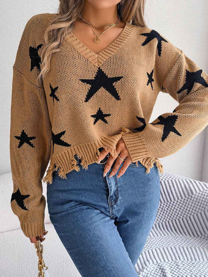Sarah Express Women's Star Distressed V-Neck Knit Sweater - Long Sleeve Casual Pullover