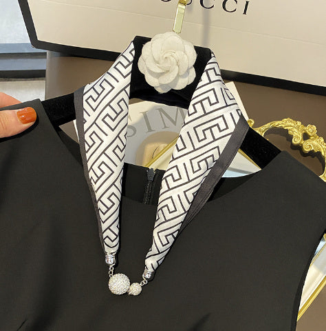 Sarah Express Magnetic Buckle Silk Scarf with Pearl Detail Women's Rectangular Necklace Scarf