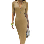 Sarah Express Women's Button Detail Midi Dress Elastic Waist Short Sleeve Pullover Polyester