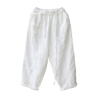 Sarah Express Women's Linen Cropped Pants - Washed Artistic Baggy Trousers with Embroidery & Belt