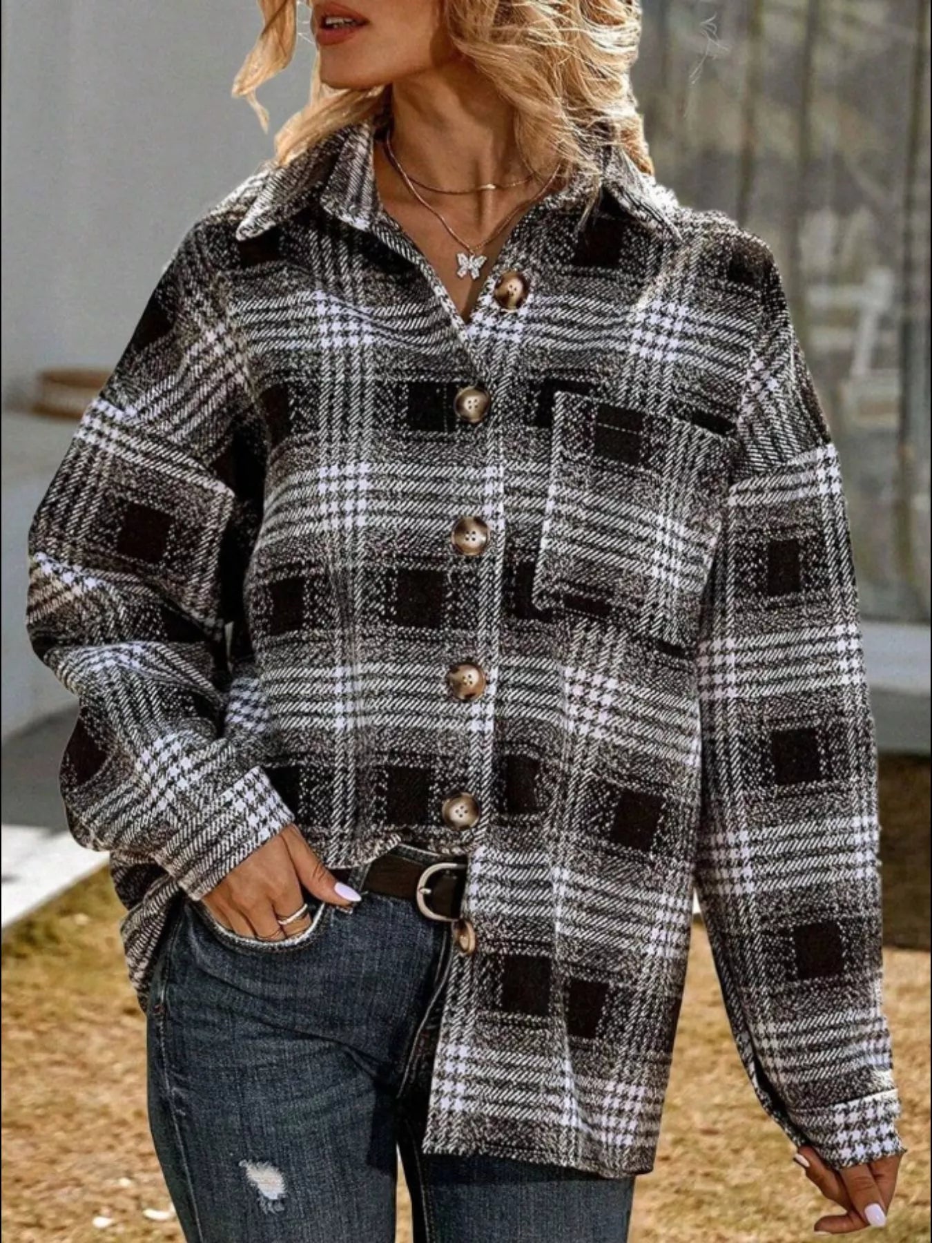 Sarah Express Women's Plaid Button-Up Shirt Black