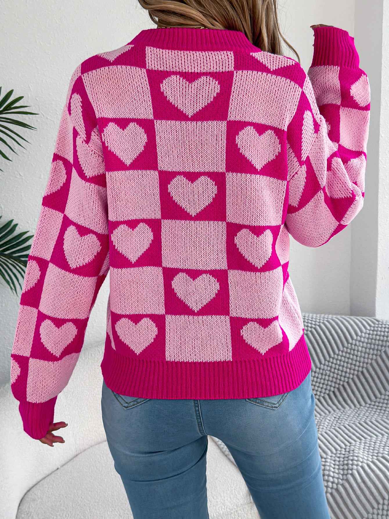 Sarah Express Women's Color-Blocked Plaid Heart Lantern Sleeve Pullover Sweater