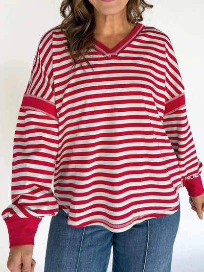 Sarah Express Women's Striped V-Neck Long Sleeve Sweatshirt Deep Red