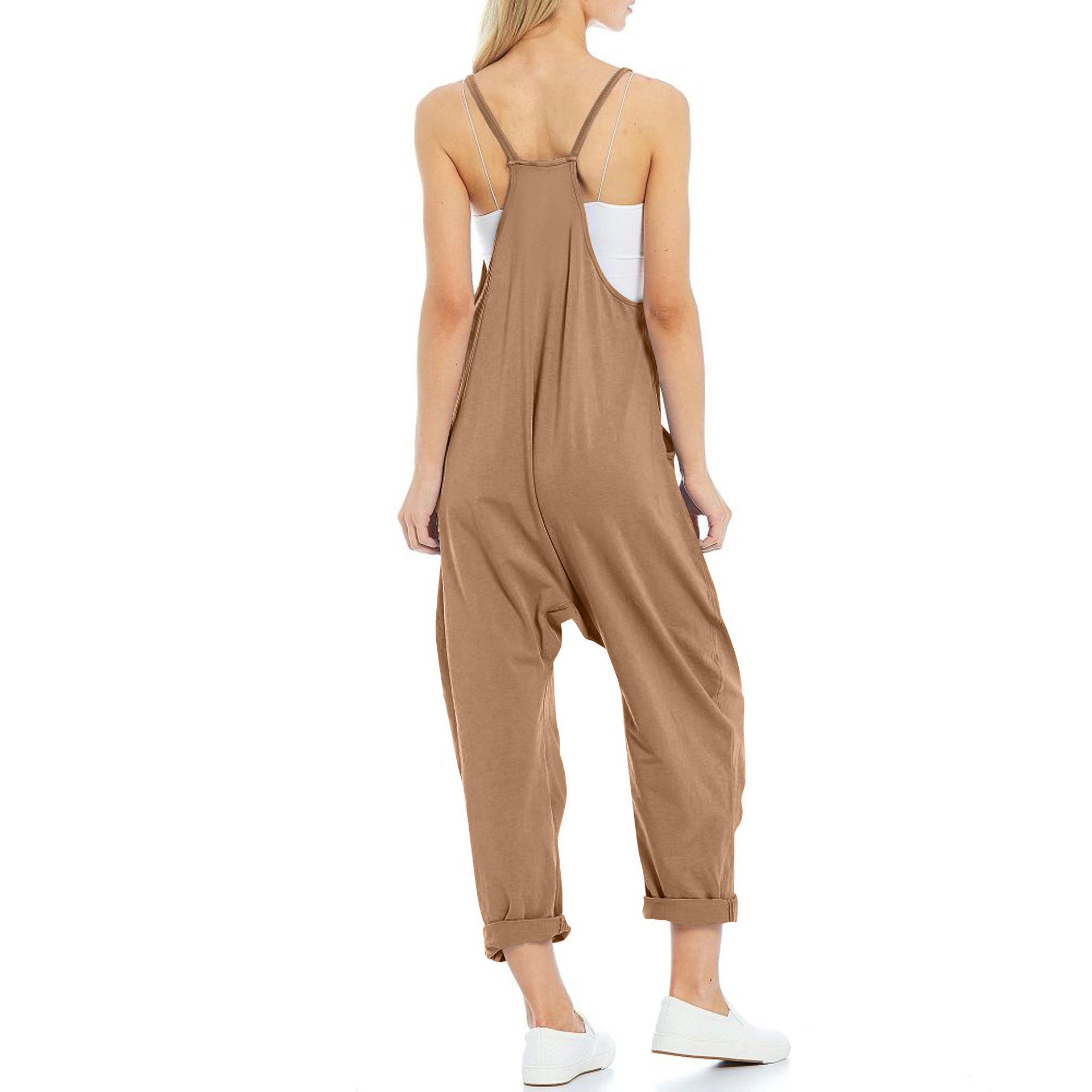 Sarah Express Women's Knitted Spaghetti Strap Jumpsuit - Loose Fit Wide Leg Overalls with Pockets