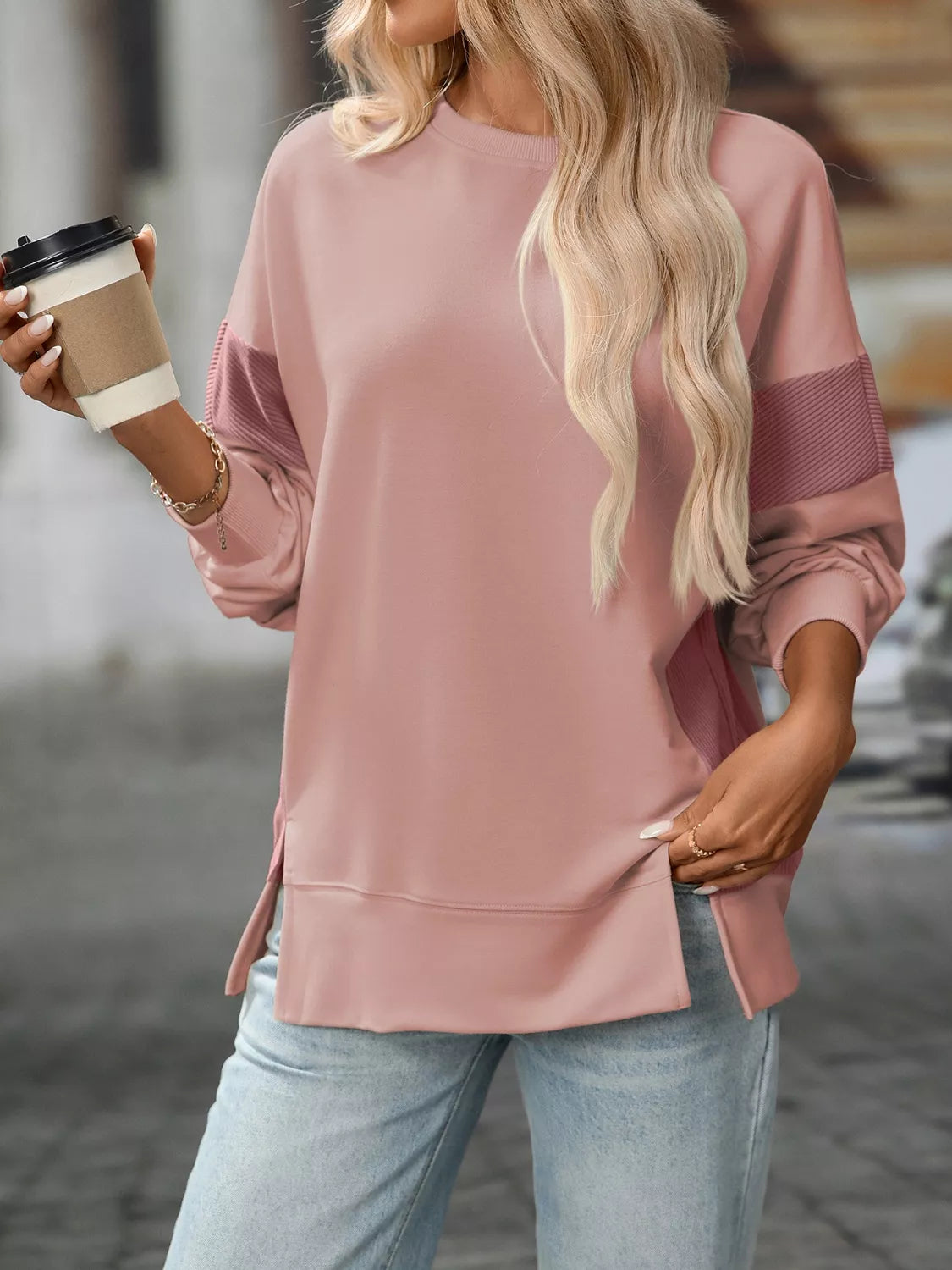 Sarah Express Women's Side Slit Round Neck Sweatshirt