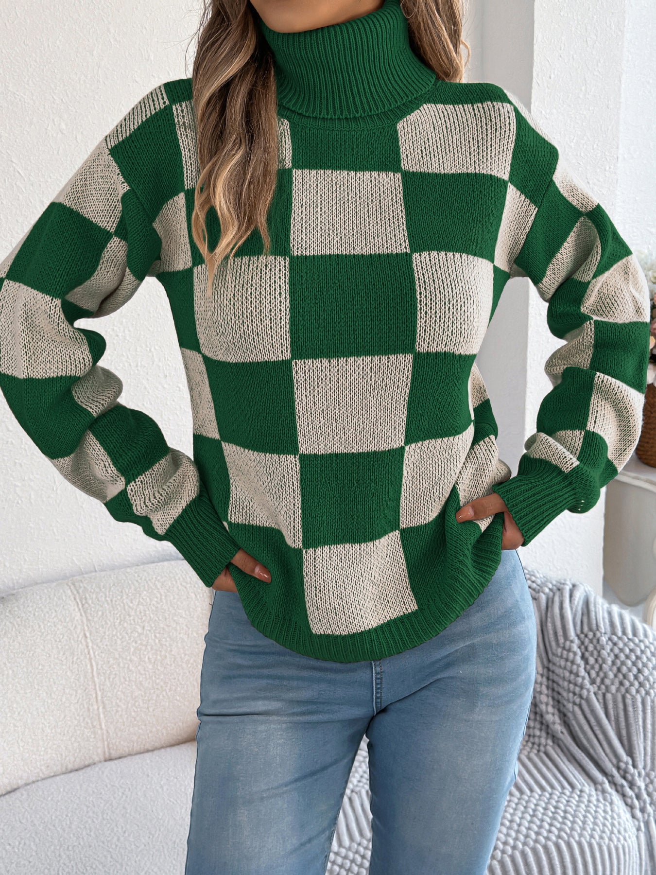 Sarah Express Women's High Neck Color-Blocked Plaid Lantern Sleeve Sweater Christmas Green