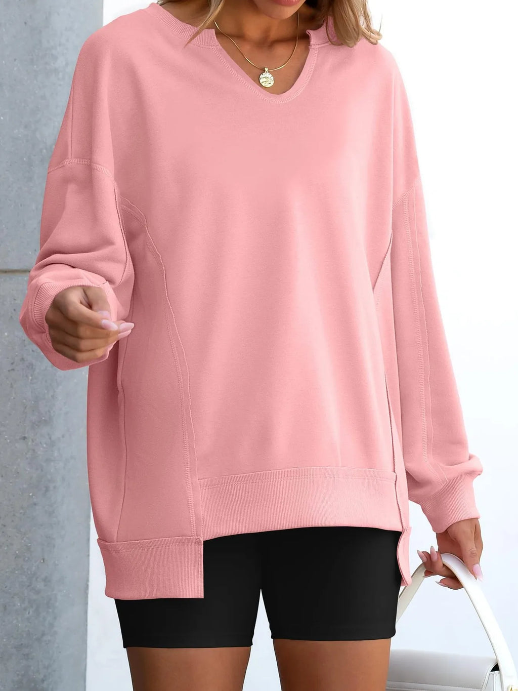 Sarah Express Women's Notched Long Sleeve Oversized Sweatshirt