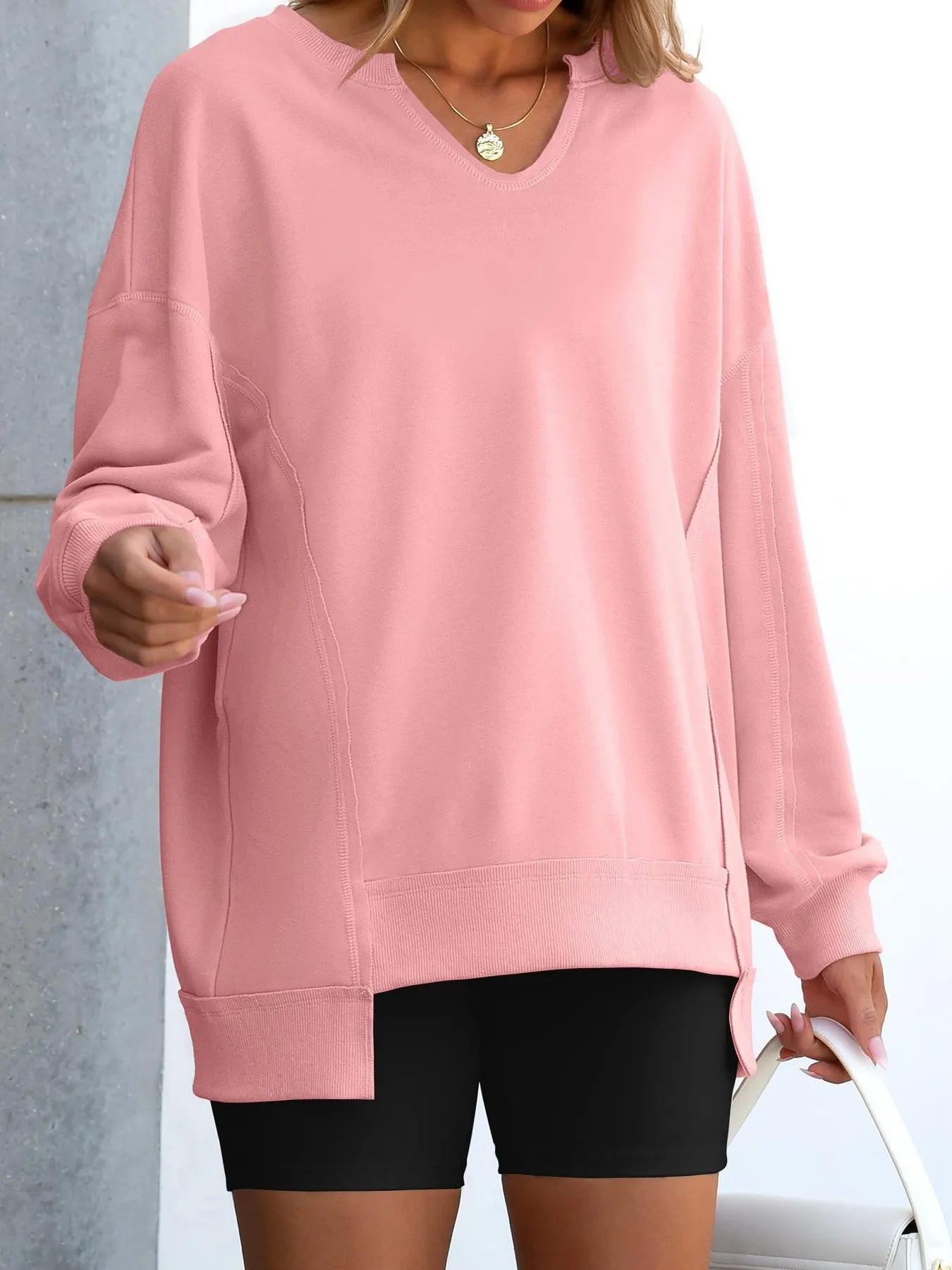 Sarah Express Women's Notched Long Sleeve Oversized Sweatshirt