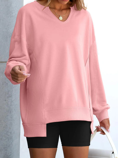 Sarah Express Women's Notched Long Sleeve Oversized Sweatshirt