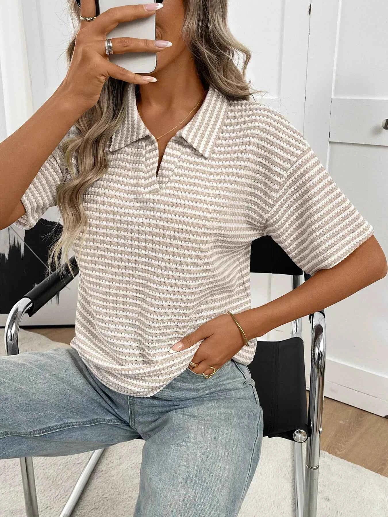 Sarah Express Women's Striped Waffle Knit Short Sleeve Top