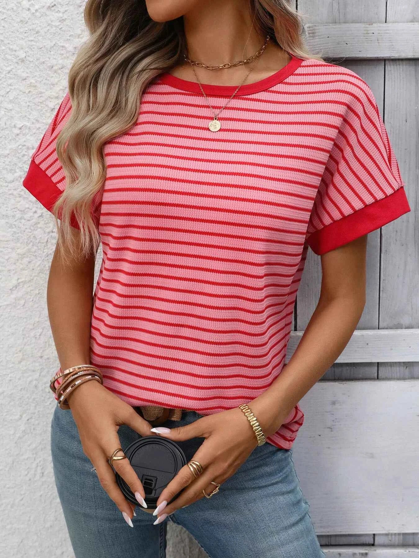 Sarah Express Women's Striped Ribbed Knit Short Sleeve T-Shirt Strawberry