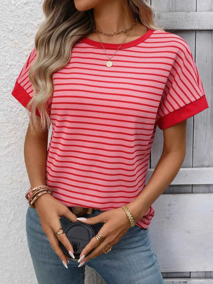Sarah Express Women's Striped Ribbed Knit Short Sleeve T-Shirt Strawberry