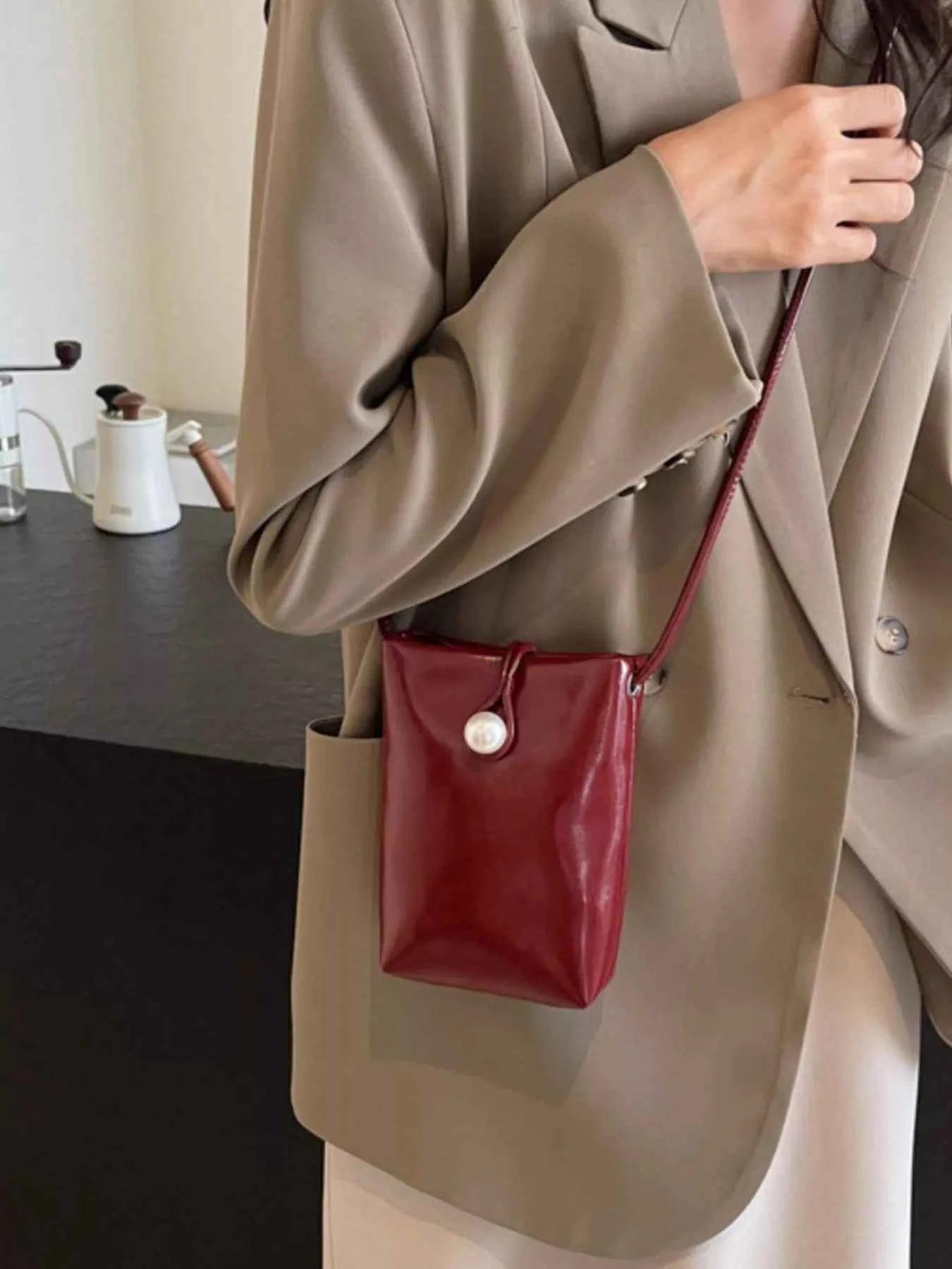 Sarah Express Women's Pearl Decor Faux Leather Crossbody Bag - Mini PU Leather Shoulder Bag